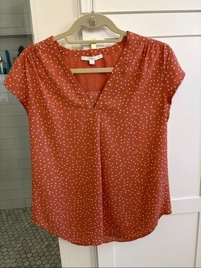 Dot V-Neck Cap Sleeve Blouse (muted coral color)